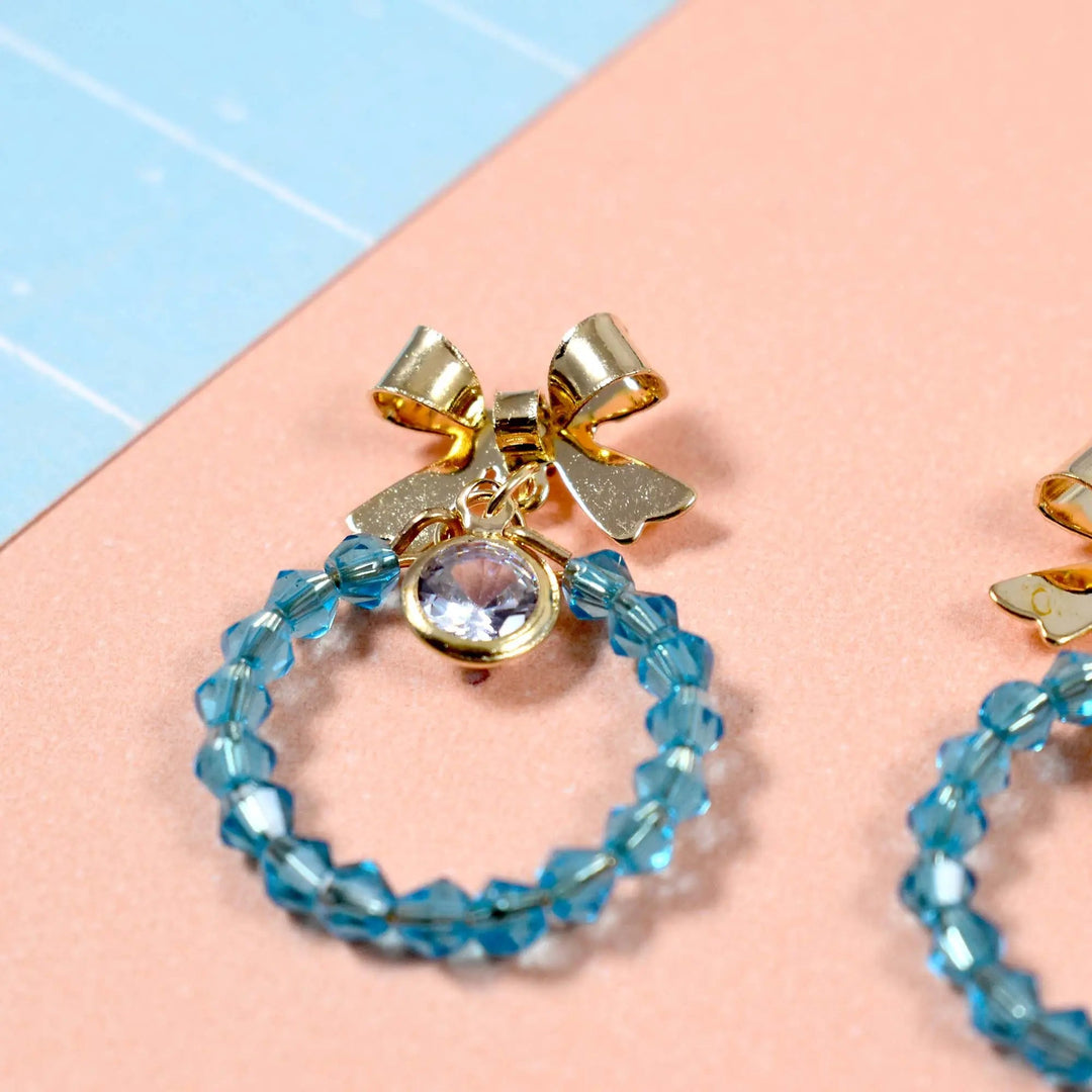 Beaded Aqua Crystal Bow Drop Earrings - Salty Accessories