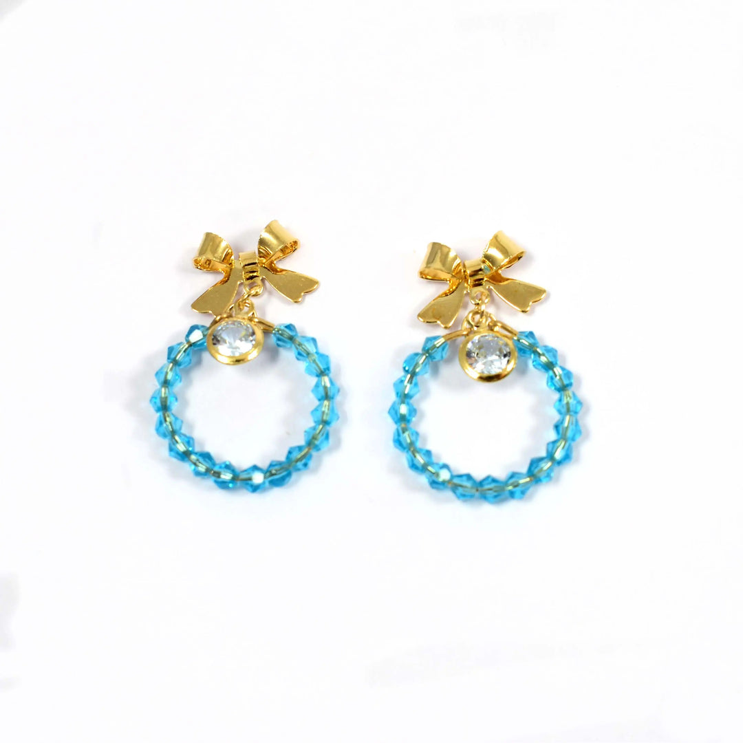 Beaded Aqua Crystal Bow Drop Earrings - Salty Accessories