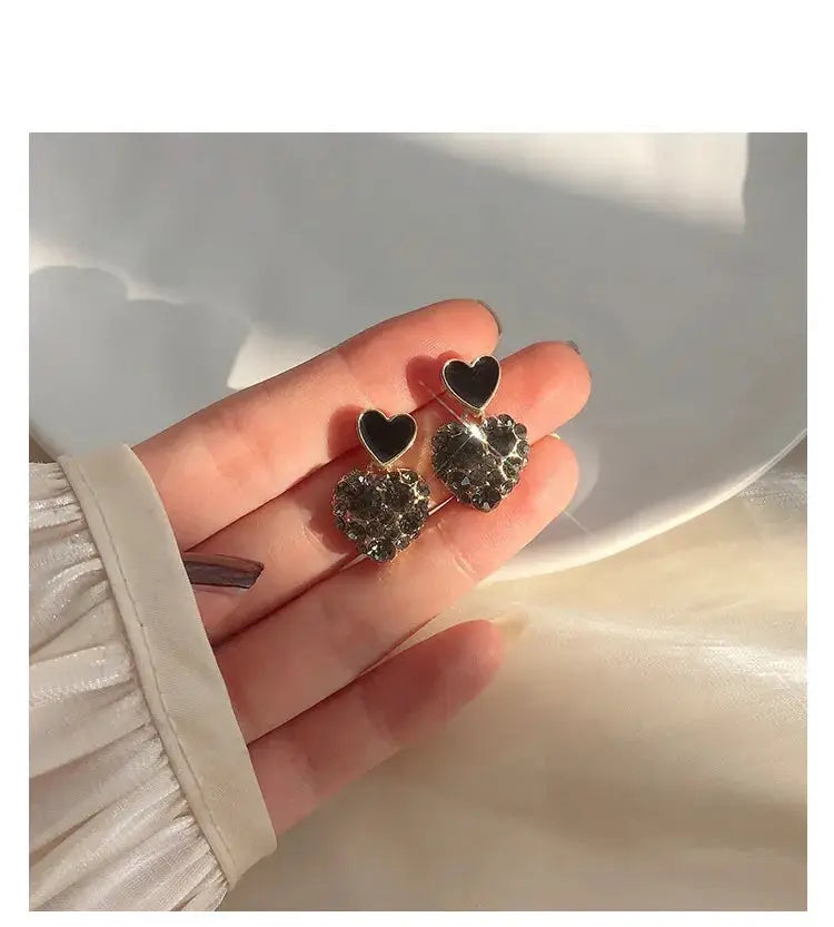 Black Double Heart Studded Drop In Trend Studs - Salty Accessories