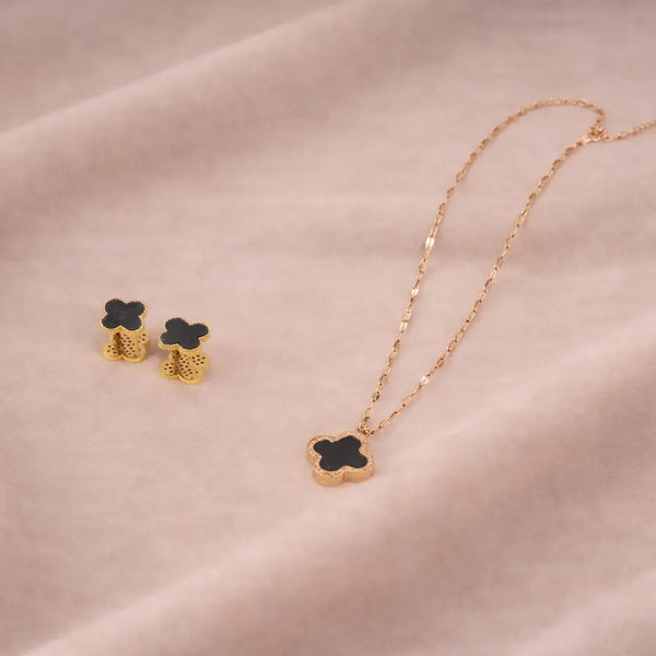 Black and White Clover Necklace and Studs Set