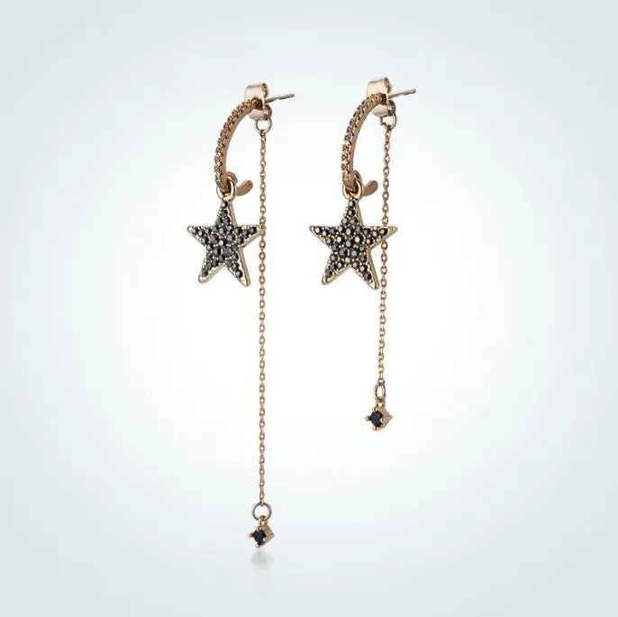 Curved Black Star Studded Tassel Earrings - Salty Accessories