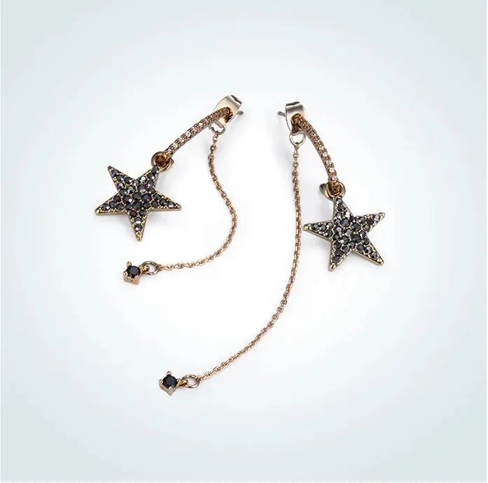 Curved Black Star Studded Tassel Earrings - Salty Accessories