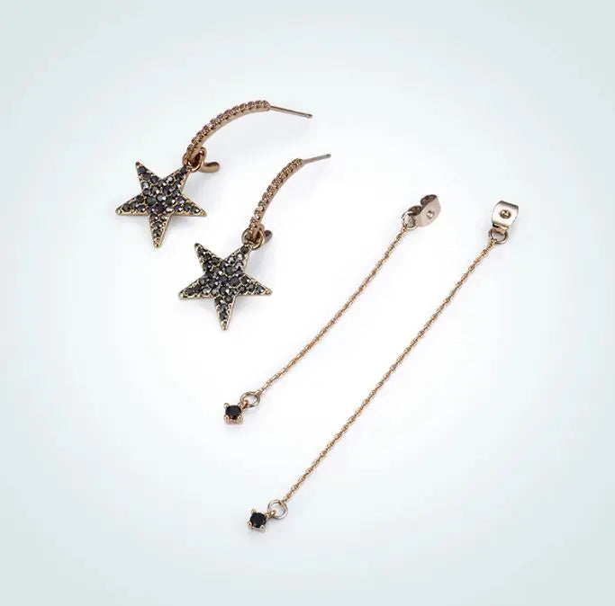 Curved Black Star Studded Tassel Earrings - Salty Accessories