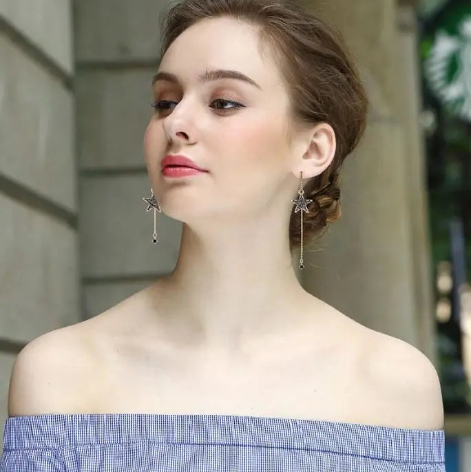 Curved Black Star Studded Tassel Earrings - Salty Accessories