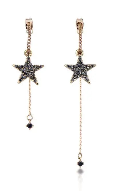 Curved Black Star Studded Tassel Earrings - Salty Accessories