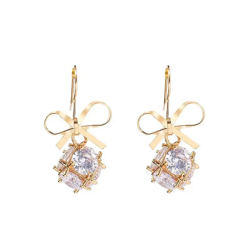 Bling Stone Bow Earrings - Gold