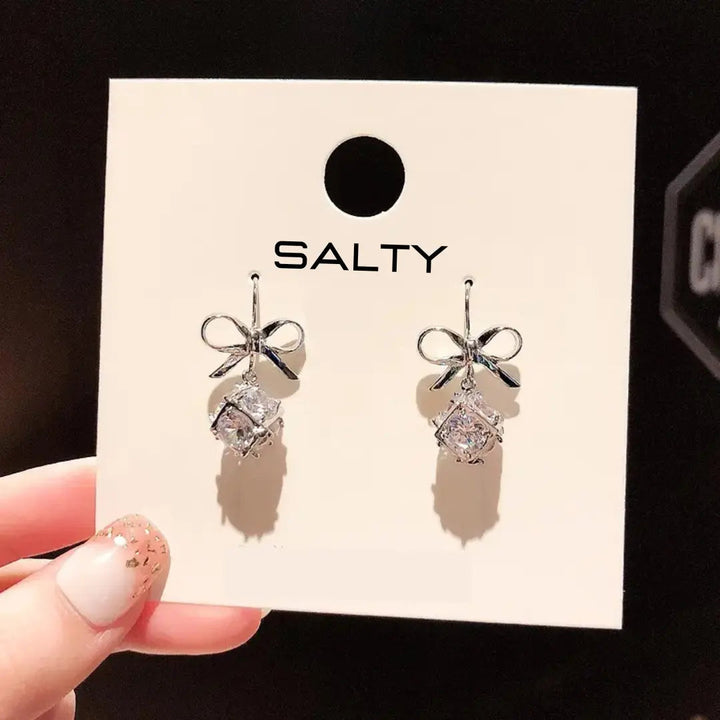 Bling Stone Bow Earrings - Silver