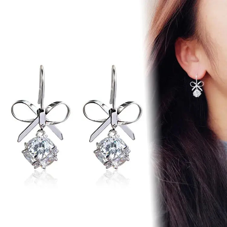 Bling Stone Bow Earrings - Silver