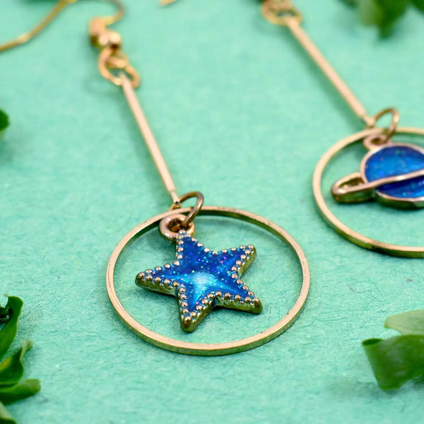 Blue Star Planet Dangle Hoop Earrings