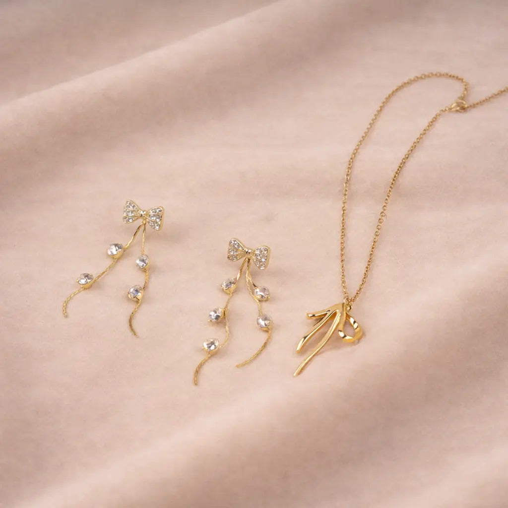 Bow Bliss Duo Necklace and Earrings Combo | Salty