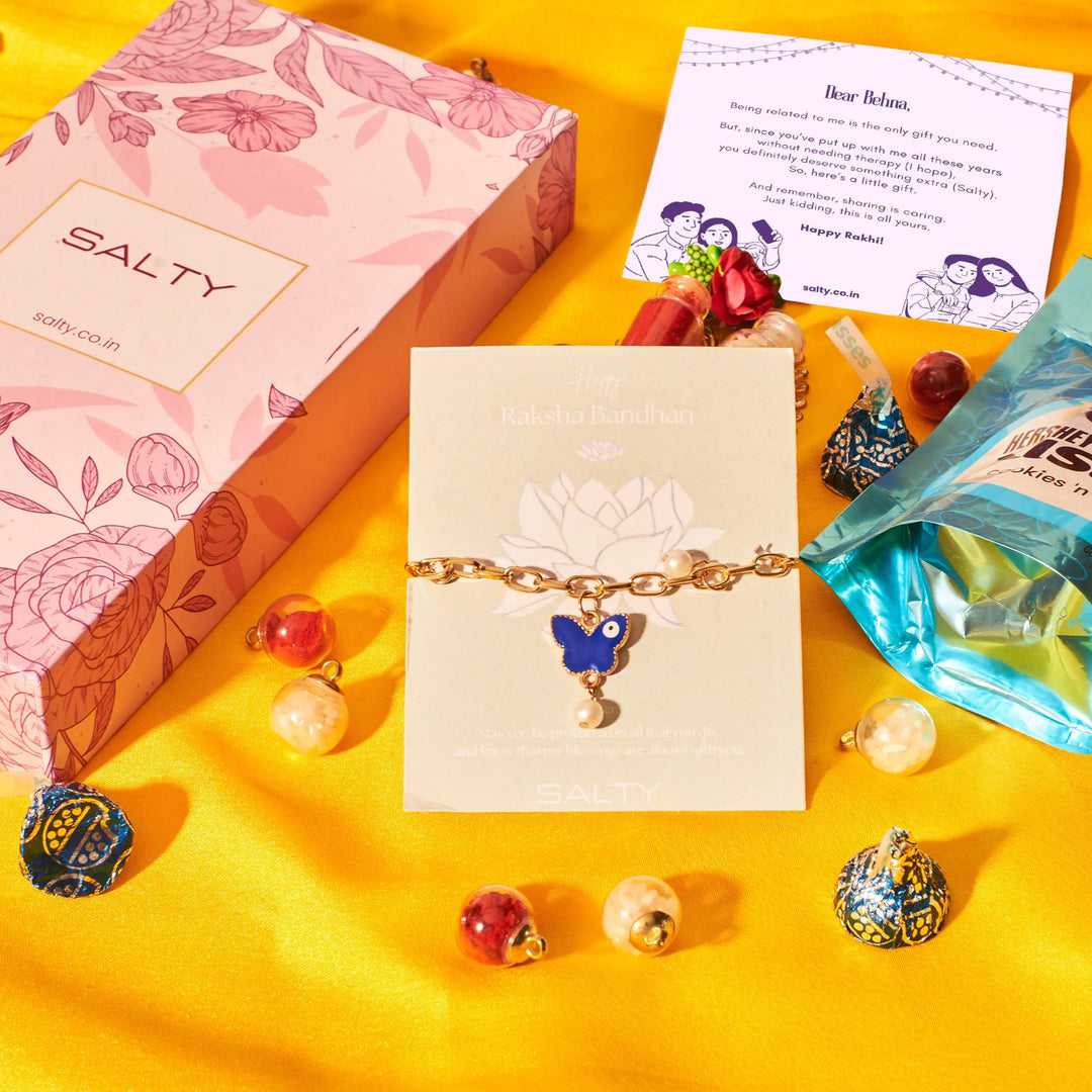 Butterfly Painted Evil Eye Rakhi Gift Box For Sister | Salty