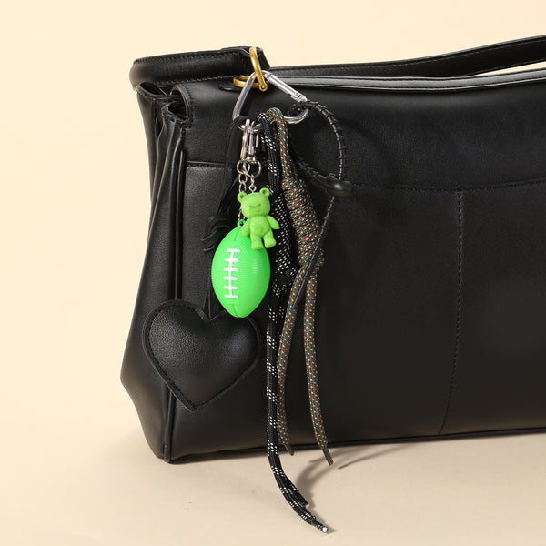 Green Rugby Teddy & Black Heart Bag Charm