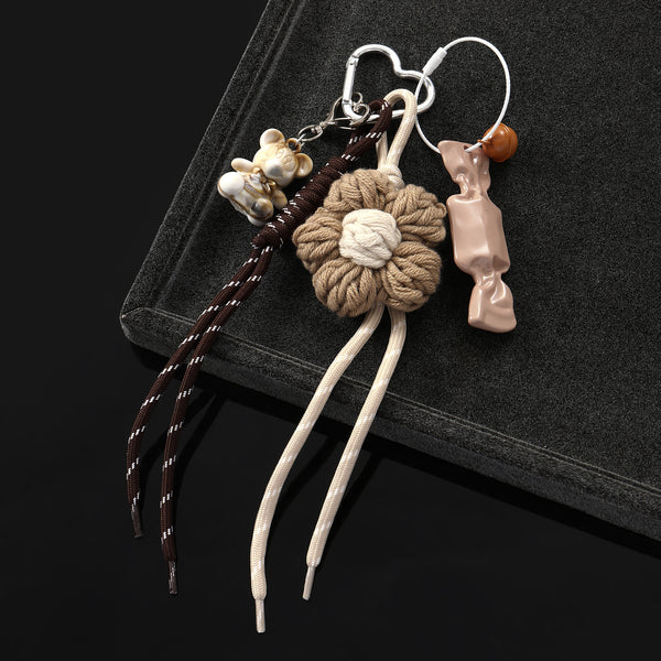 Brown Floral Crochet & White Puppy Duo Bag Charm