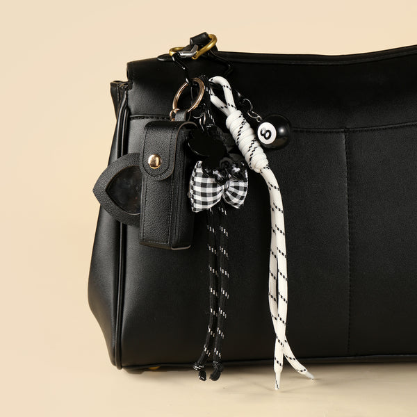 Gingham Bow Lipstick Case Bag Charm - Black