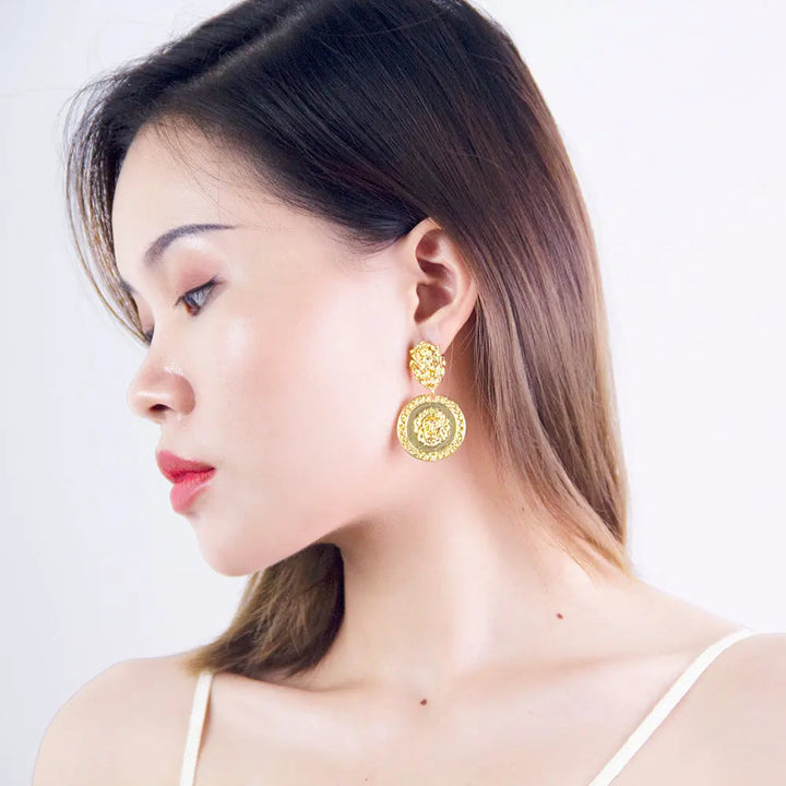 Carved Lion Dented Gold Stud Earrings
