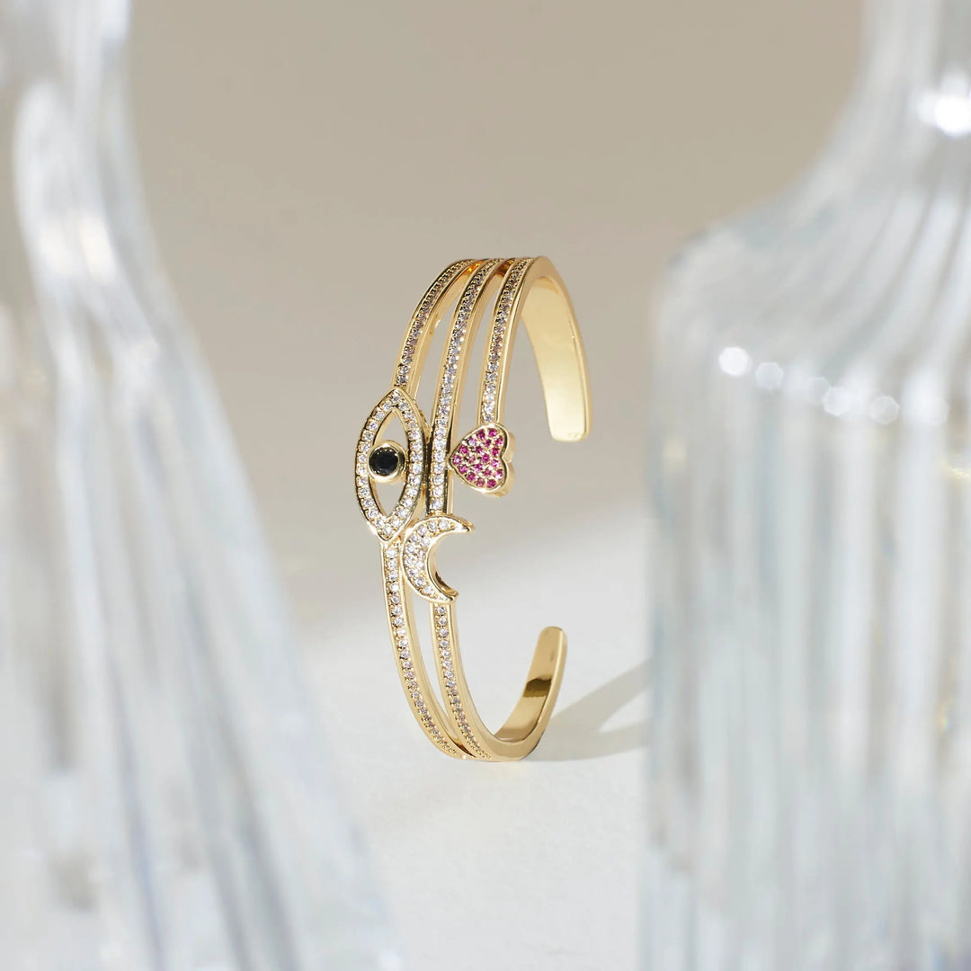 Celestial Love and Eye Charm Gold Cuff - Salty Accessories