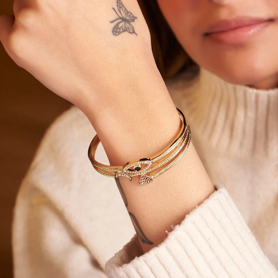 Celestial Love and Eye Charm Gold Cuff - Salty Accessories