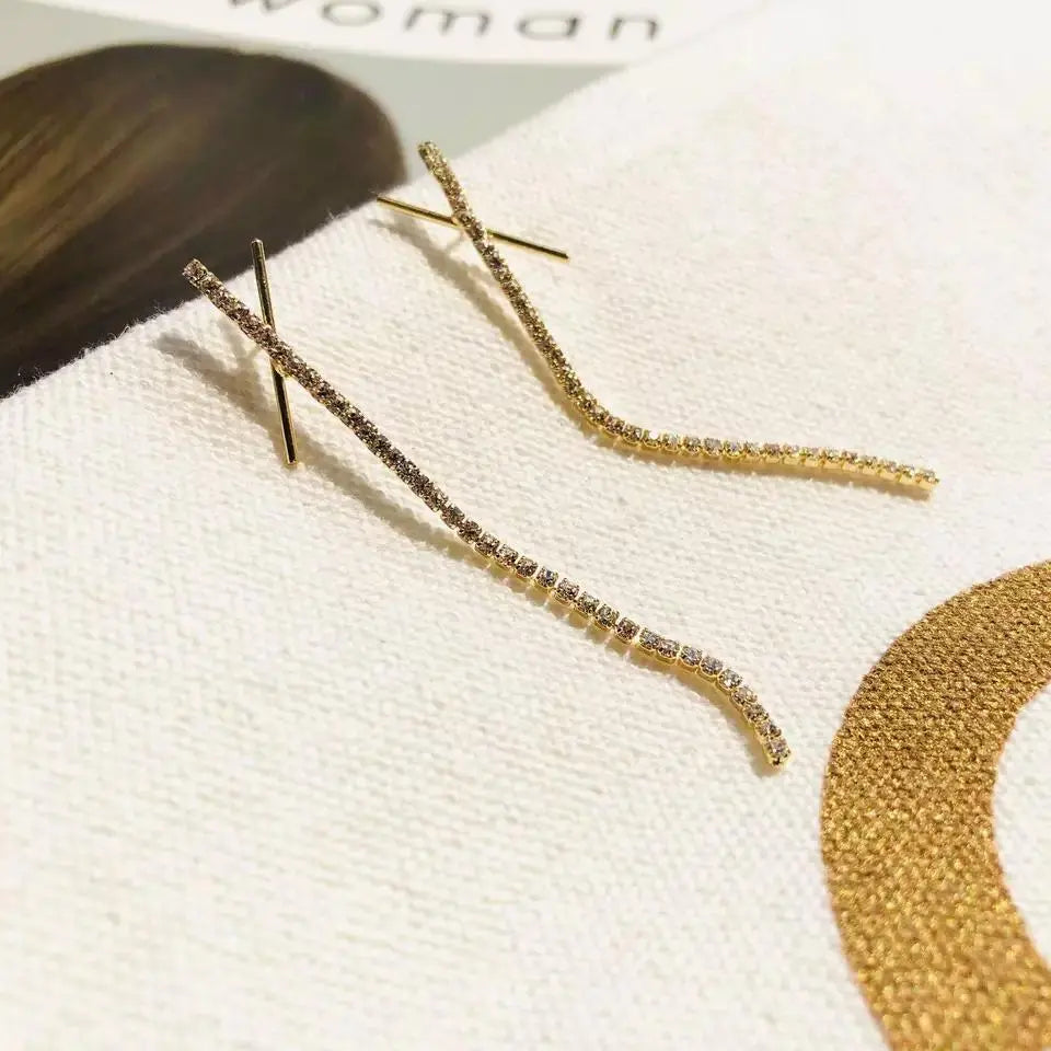 Cross X Long Tassel Rhinestone Drop Earrings