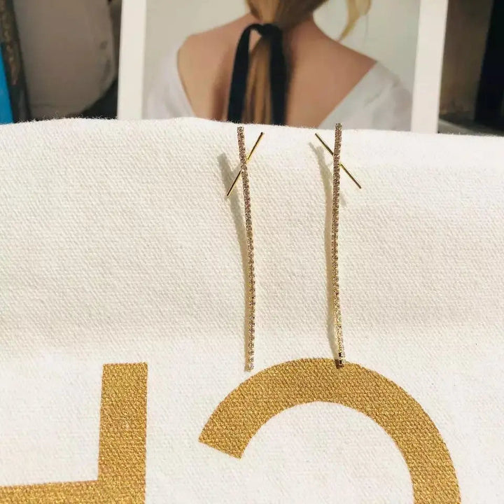 Cross X Long Tassel Rhinestone Drop Earrings