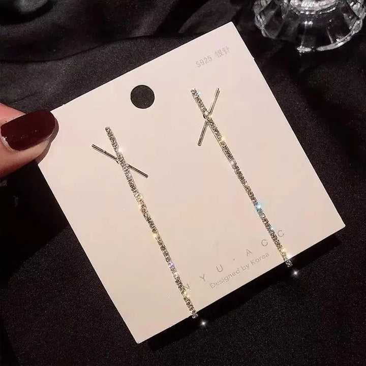 Cross X Long Tassel Rhinestone Drop Earrings