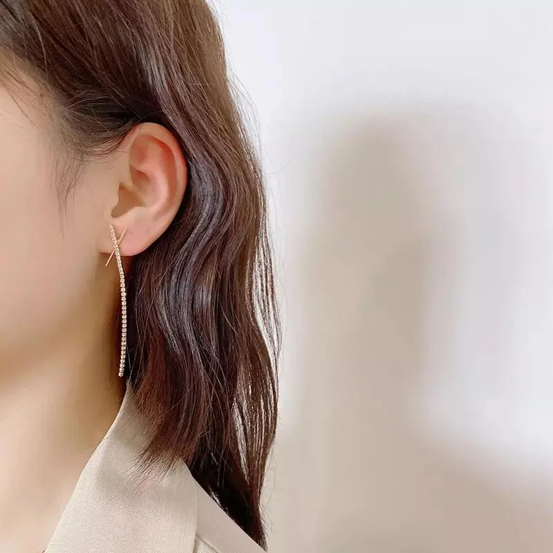 Cross X Long Tassel Rhinestone Drop Earrings