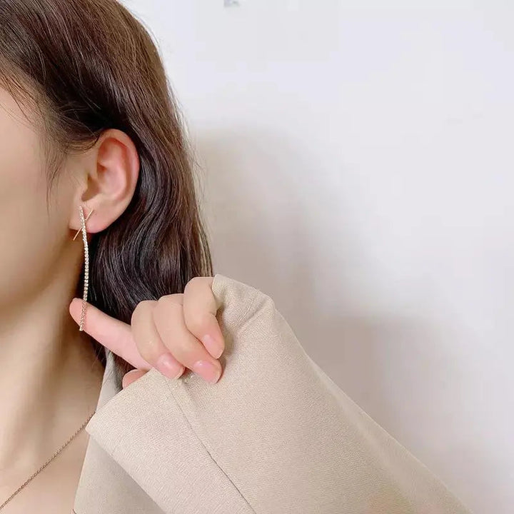 Cross X Long Tassel Rhinestone Drop Earrings