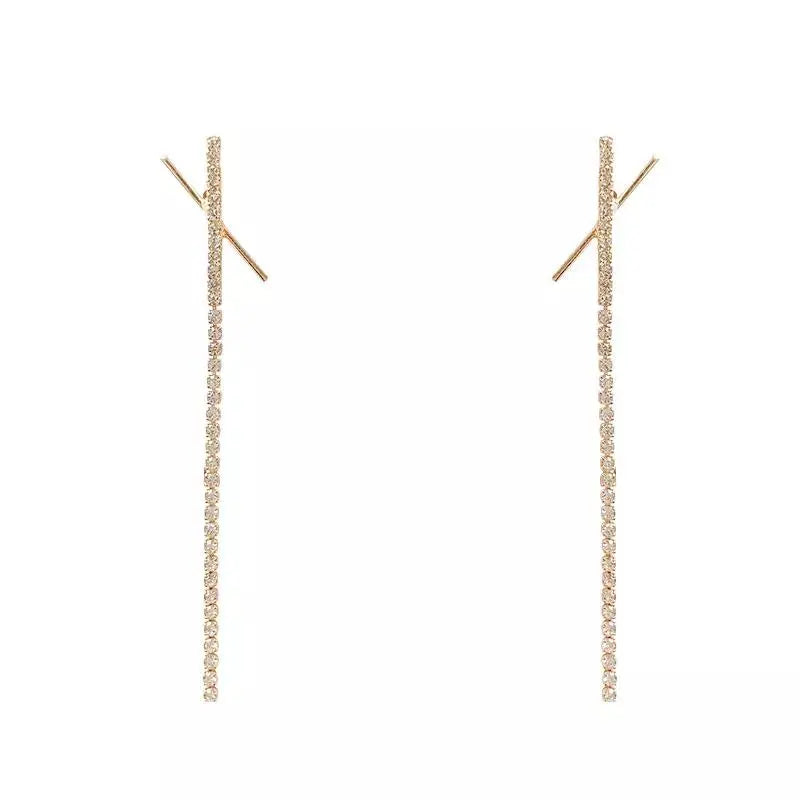 Cross X Long Tassel Rhinestone Drop Earrings | Salty