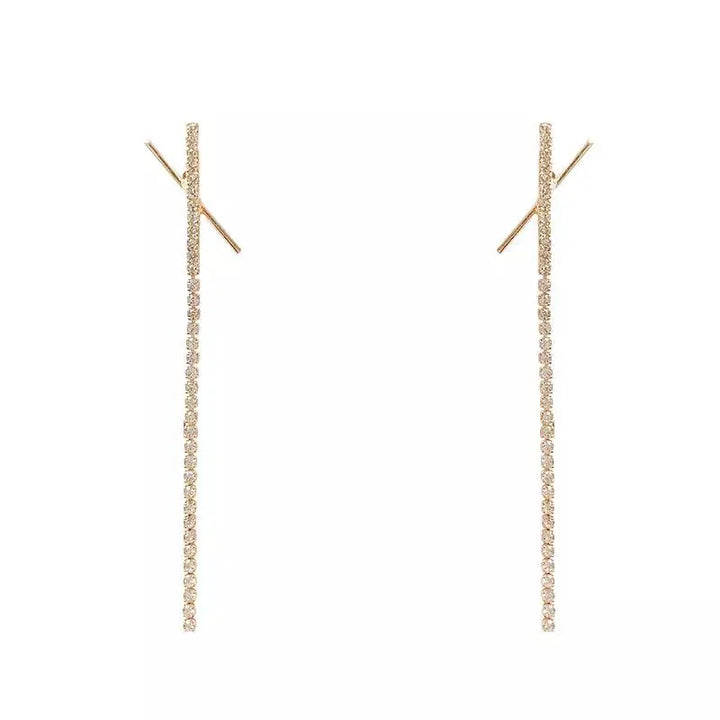 Cross X Long Tassel Rhinestone Drop Earrings | Salty