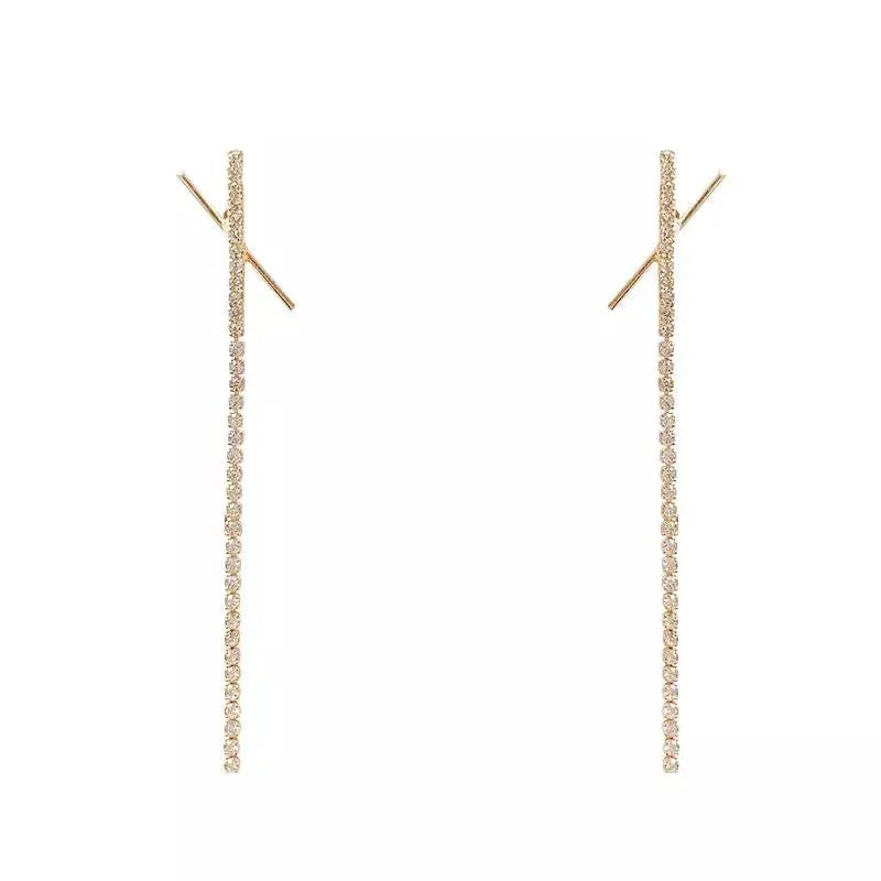 Cross X Long Tassel Rhinestone Drop Earrings