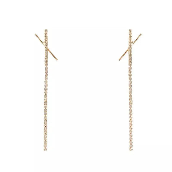 Cross X Long Tassel Rhinestone Drop Earrings