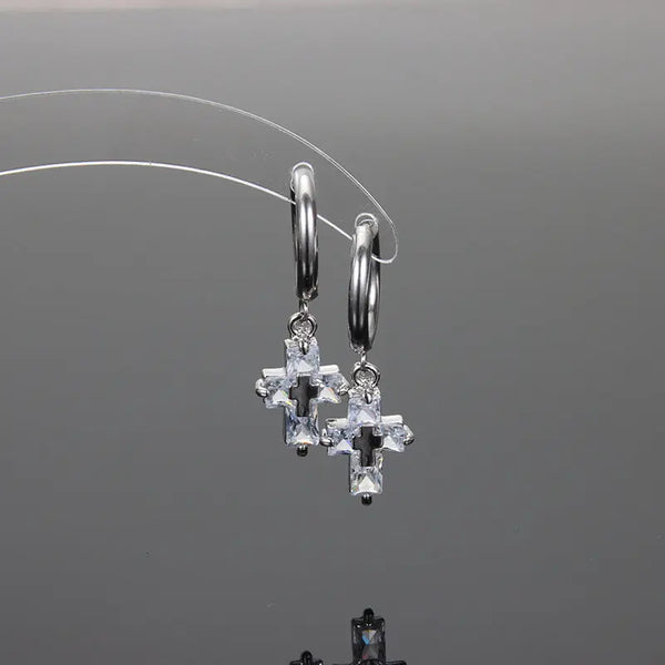 Crystal Cross Silver Earrings