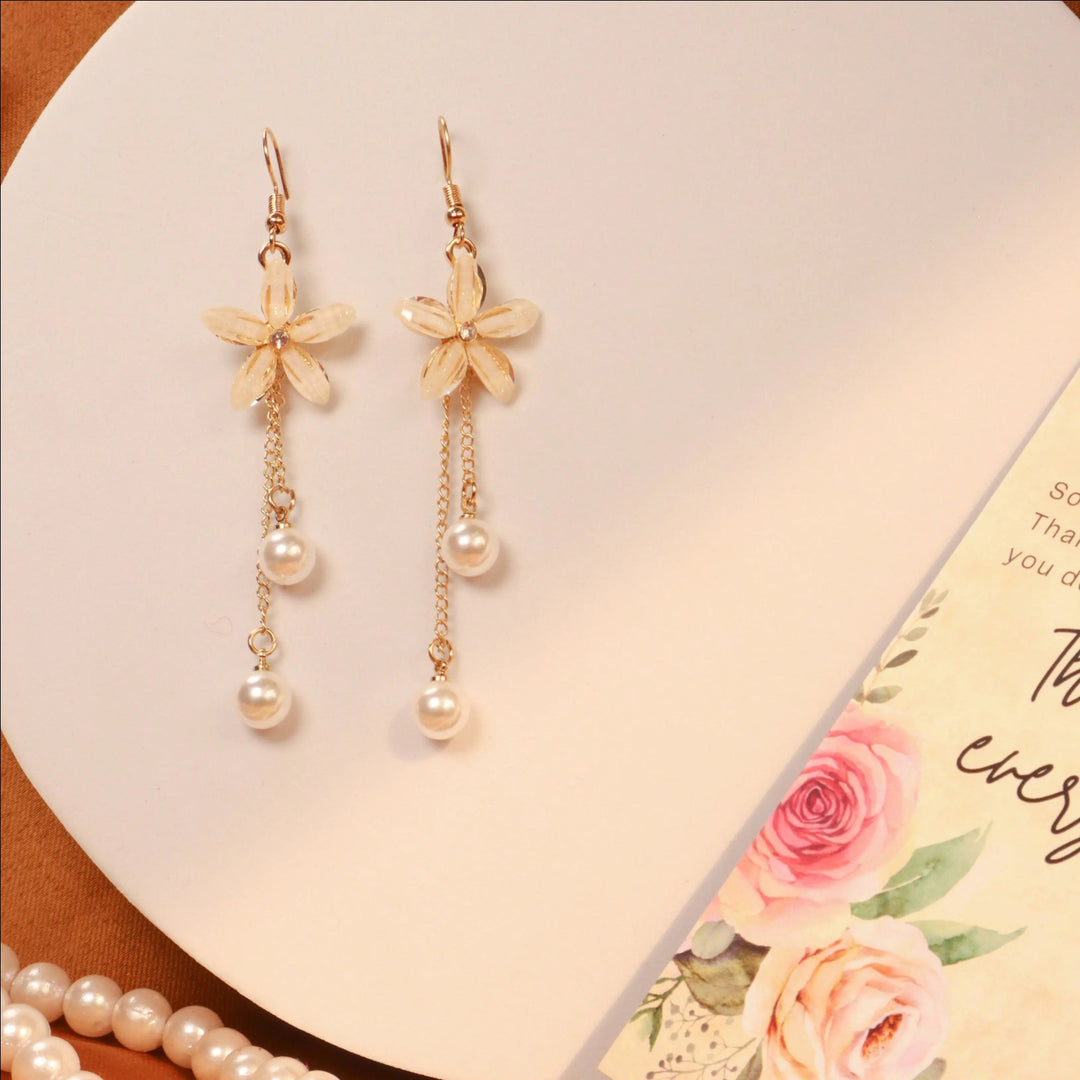 Crystal Flower Pearl Drop Earrings - Salty Accessories