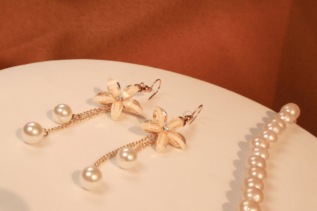 Crystal Flower Pearl Drop Earrings - Salty Accessories