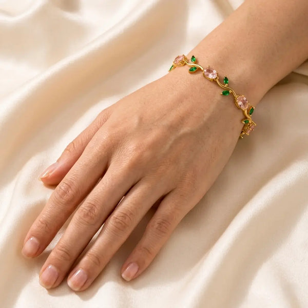 Tulip Crystal Vine Bracelet - Gold-Pink-Green