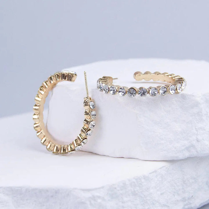 Crystal Zirconia Open Hoop Gold Plated Brim Earrings - Salty Accessories