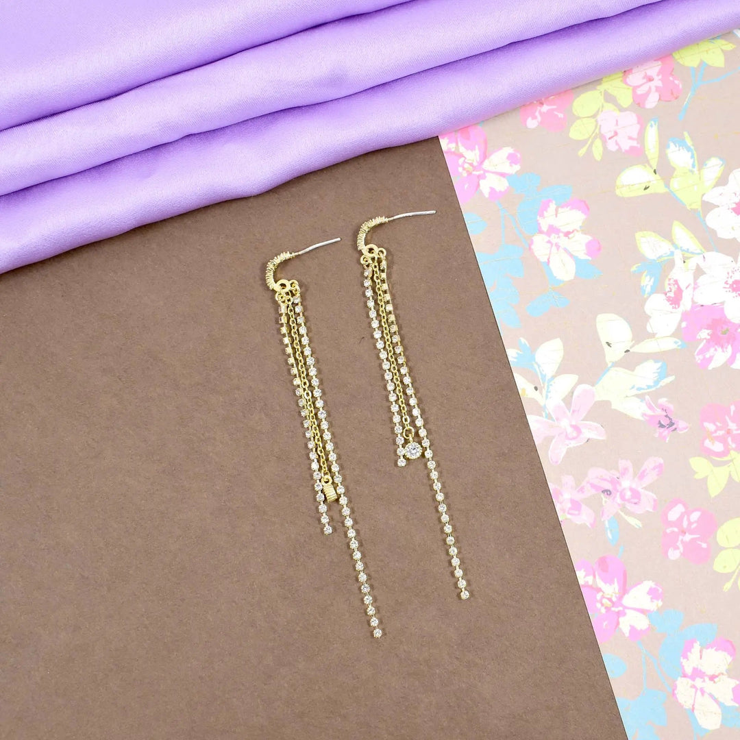 Crystal flower arched long drop gold earrings - Salty Accessories