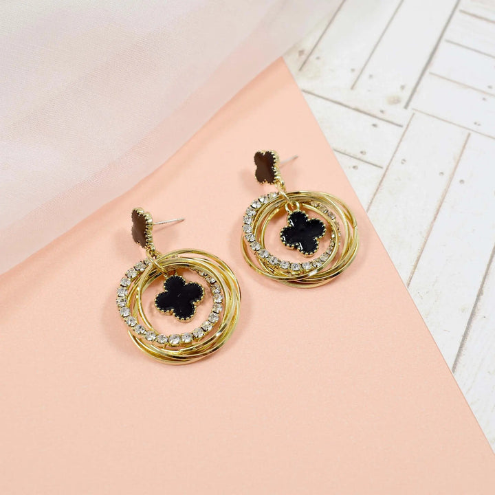 Crystal hoops black clubs charm golden earrings - Salty Accessories
