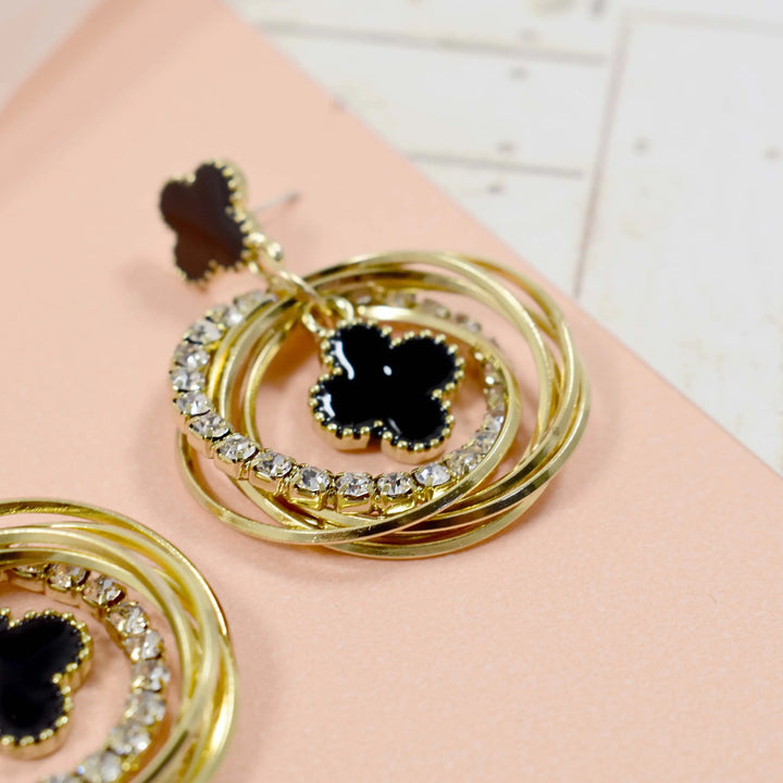 Crystal hoops black clubs charm golden earrings - Salty Accessories