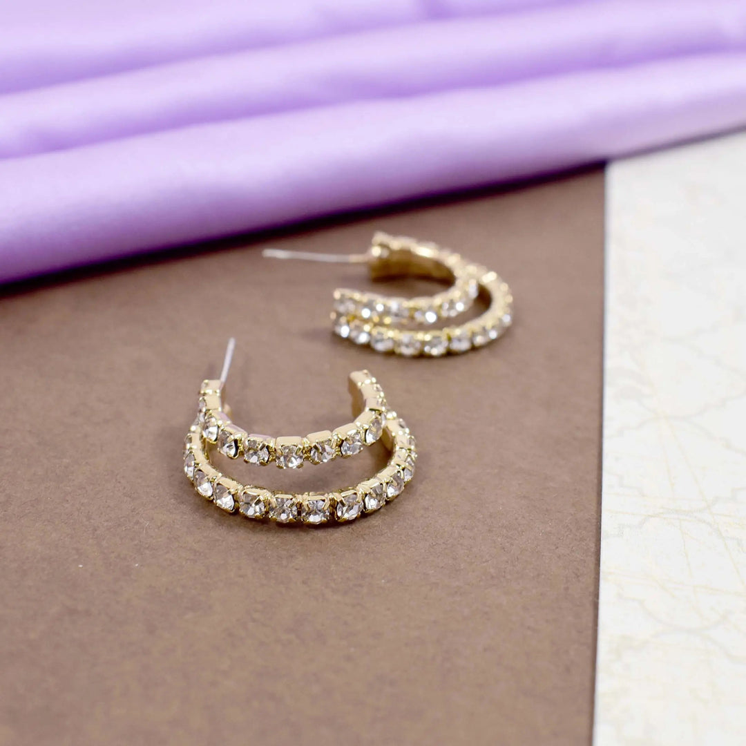 Crystal studded double hoop gold earrings