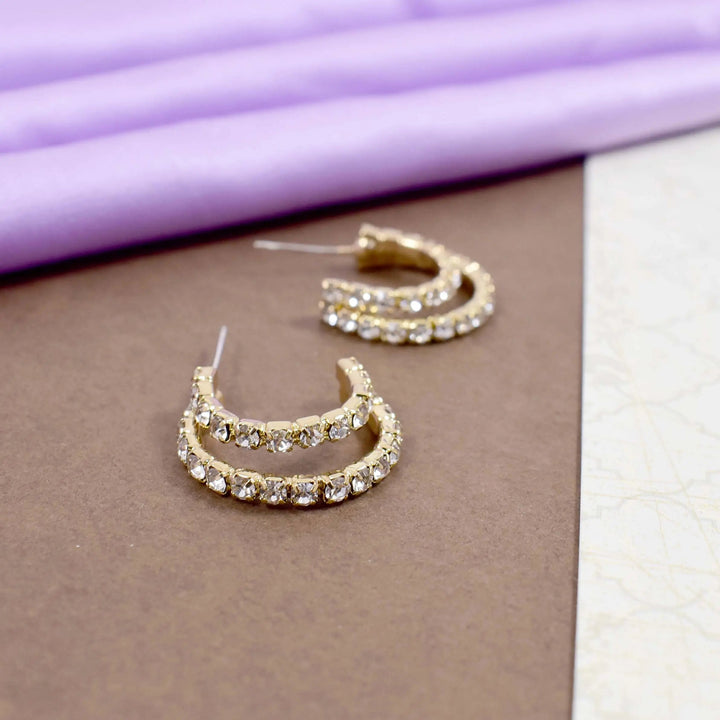 Crystal studded double hoop gold earrings