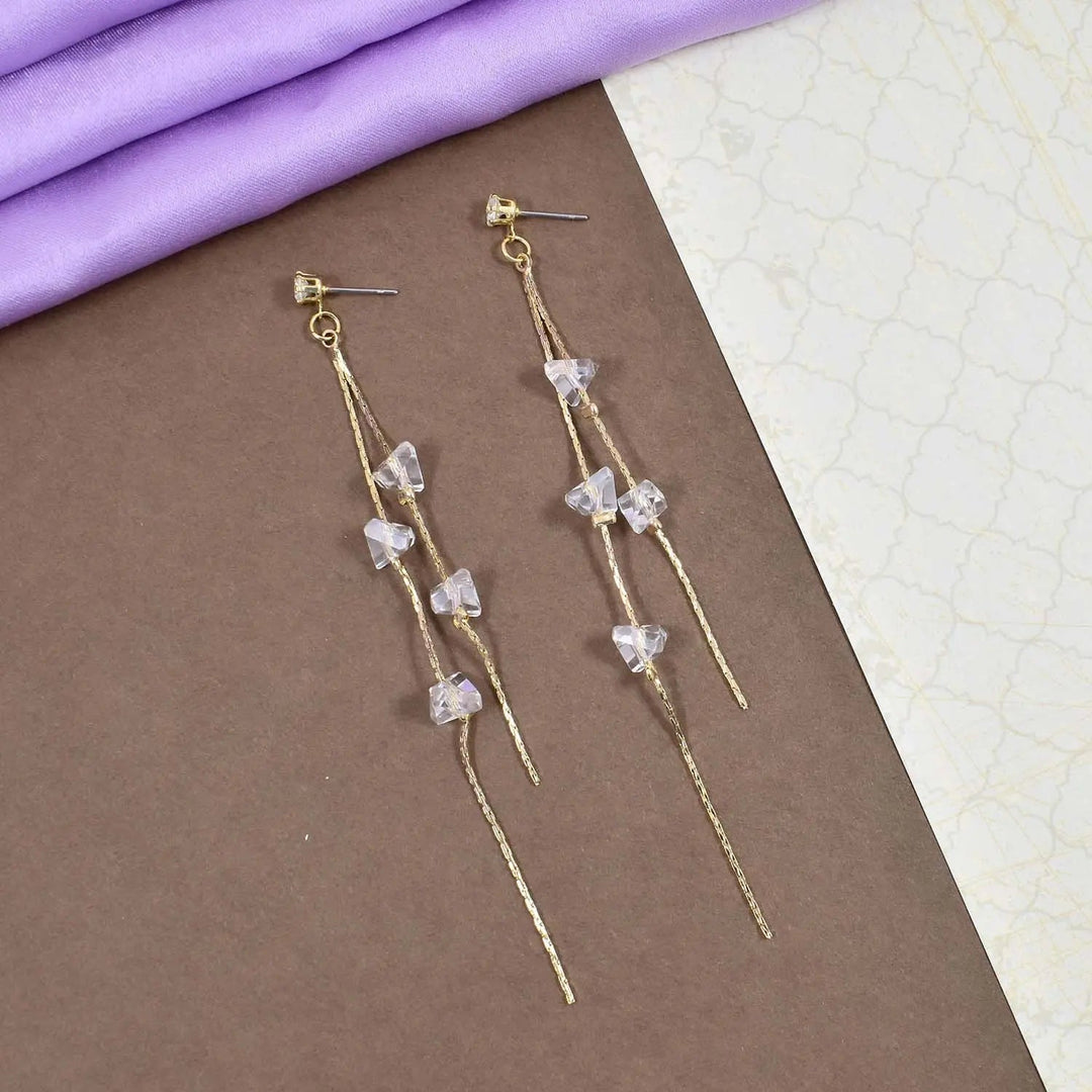 Crystal tassel long gold earrings - Salty Accessories