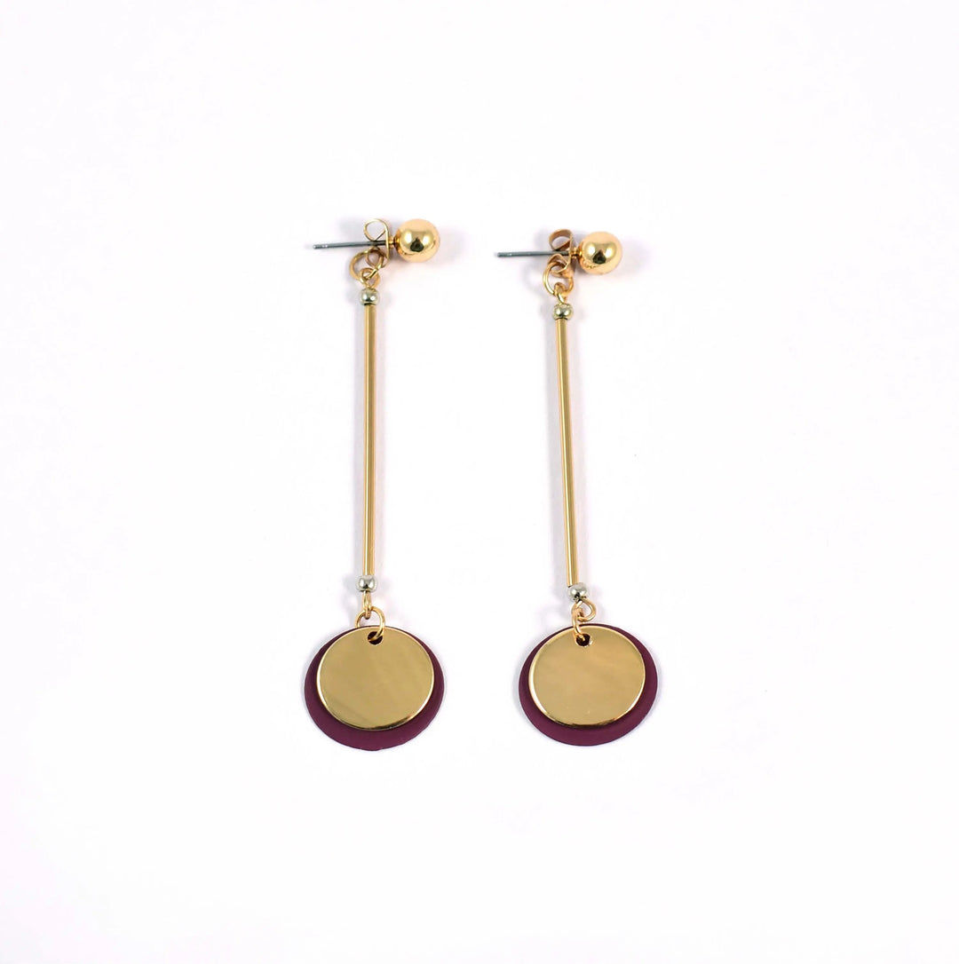 Burgundy Gold Long Drop Earrings