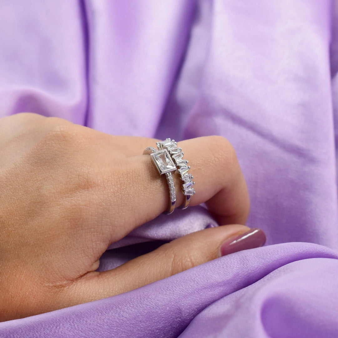 Clear crystal stacked-effect silver ring - Salty Accessories