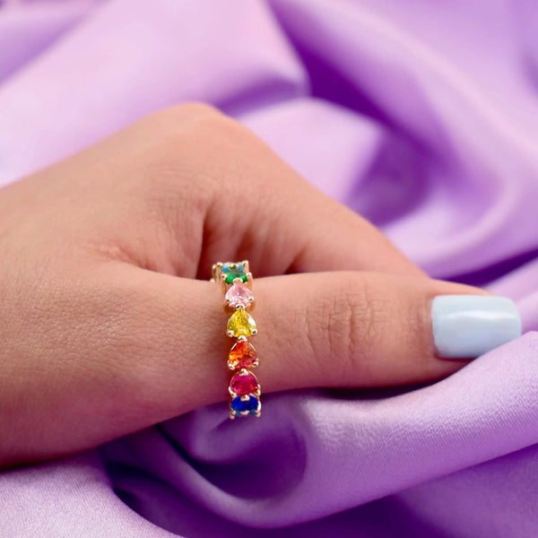 Multicolor hearts gold tennis ring
