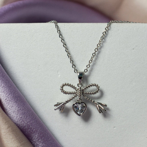 Diamond Bow Silver Necklace