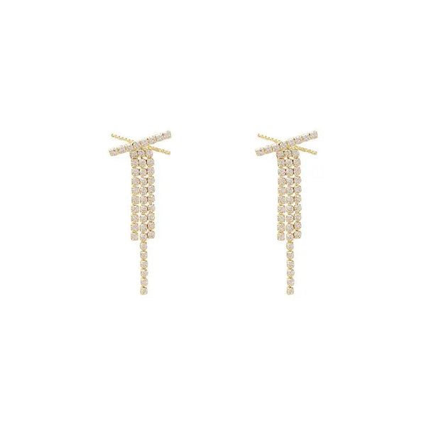 Diamond X Long Tassel Studded Drop Earrings
