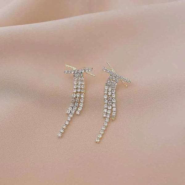 Diamond X Long Tassel Studded Drop Earrings