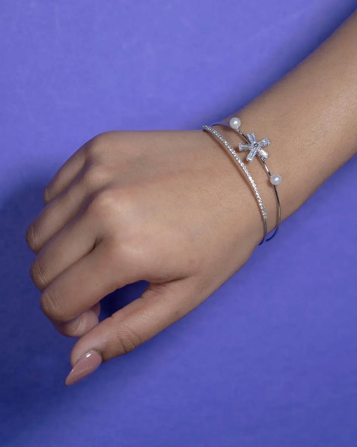 Double Layer Floral Crystal Bracelet- Silver - Salty Accessories