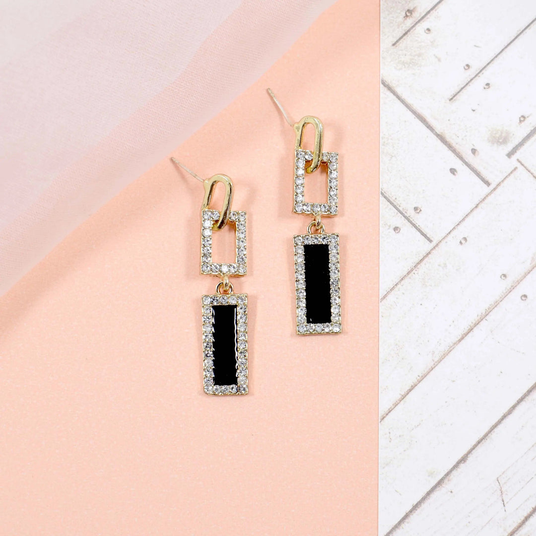 Double rectangle crystal border black golden earrings