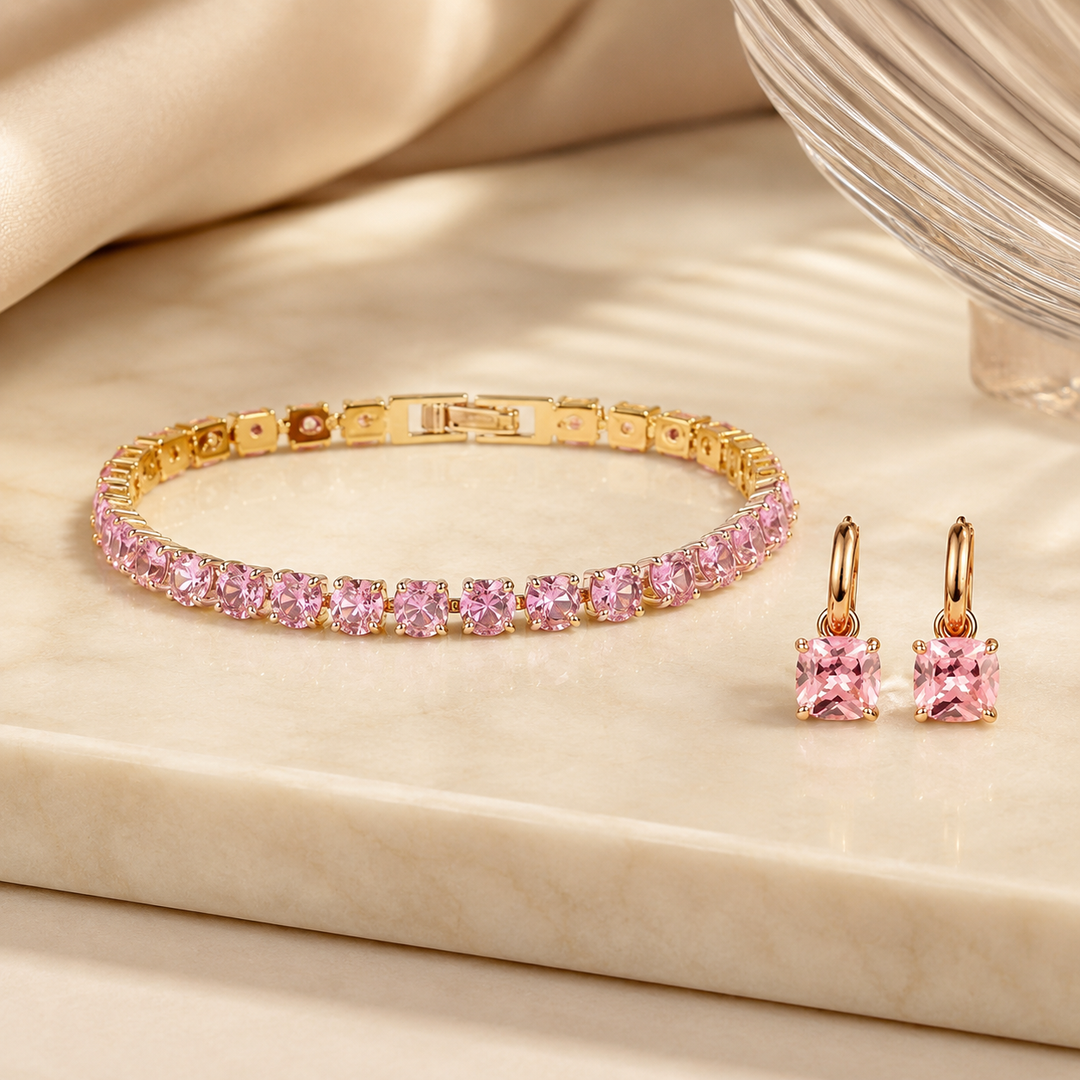 Pink Cushion Earring & Tennis Bracelet Set